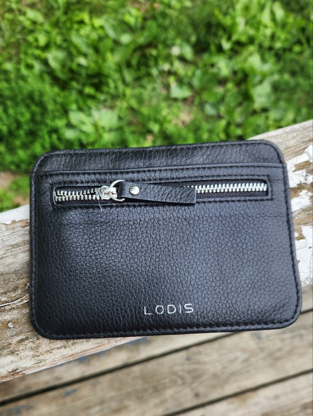 Lodis Black Pebble Leather Card Wallet with Front Zip Preloved
